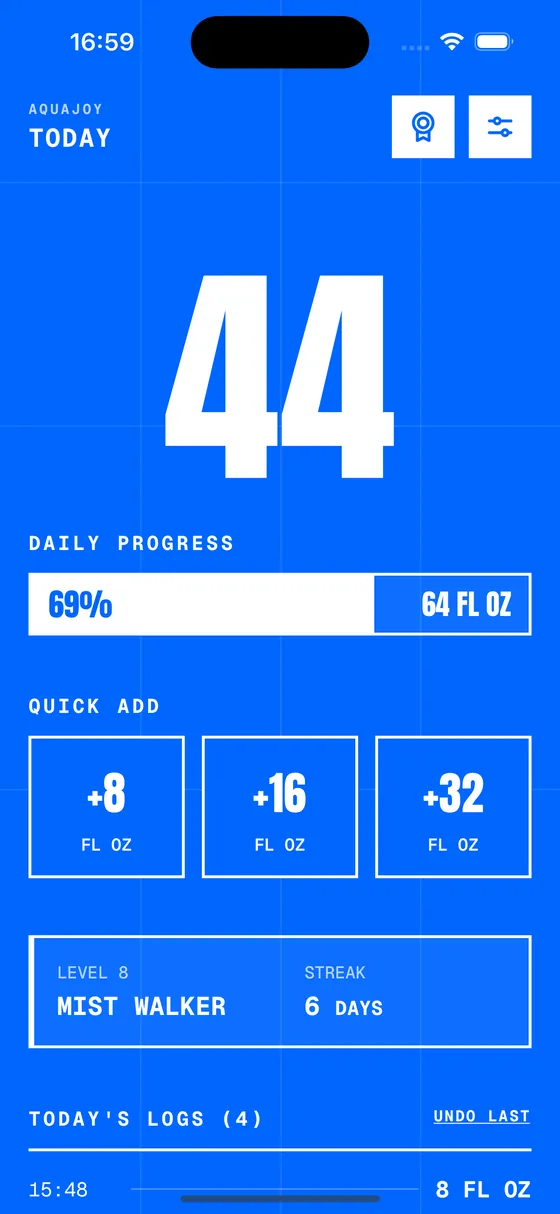 The AquaJoy Today screen showing 44 fl oz logged, 69% of the daily goal, quick-add buttons, level 8 and a 6-day streak.