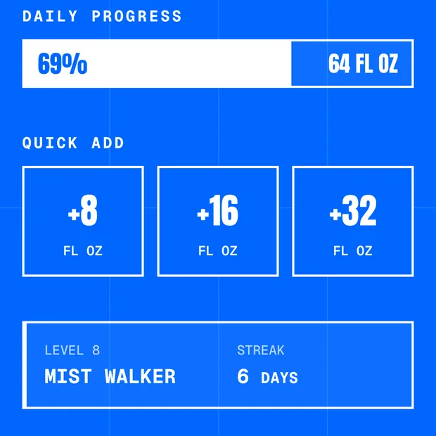 The AquaJoy daily progress bar at 69% and quick-add buttons for logging 8, 16 or 32 fl oz in one tap.