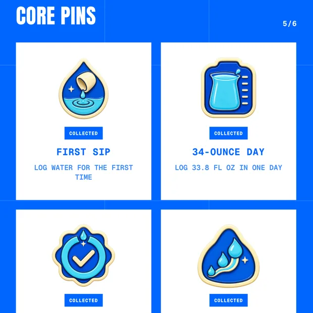 AquaJoy core pins: First Sip, 34-Ounce Day, First Goal and 3-Day Streak, all marked collected.