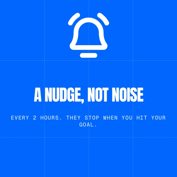 An AquaJoy screen reading "A nudge, not noise &mdash; every 2 hours, they stop when you hit your goal".