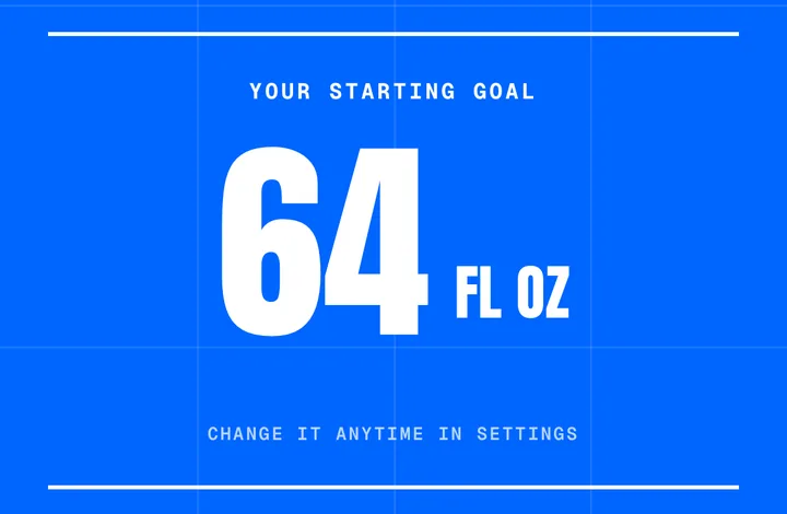 The AquaJoy onboarding screen setting a starting goal of 64 fl oz, noting it can be changed any time in Settings.
